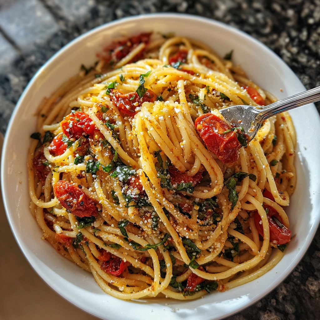 Spaghetti mit Tomaten und Basilikum